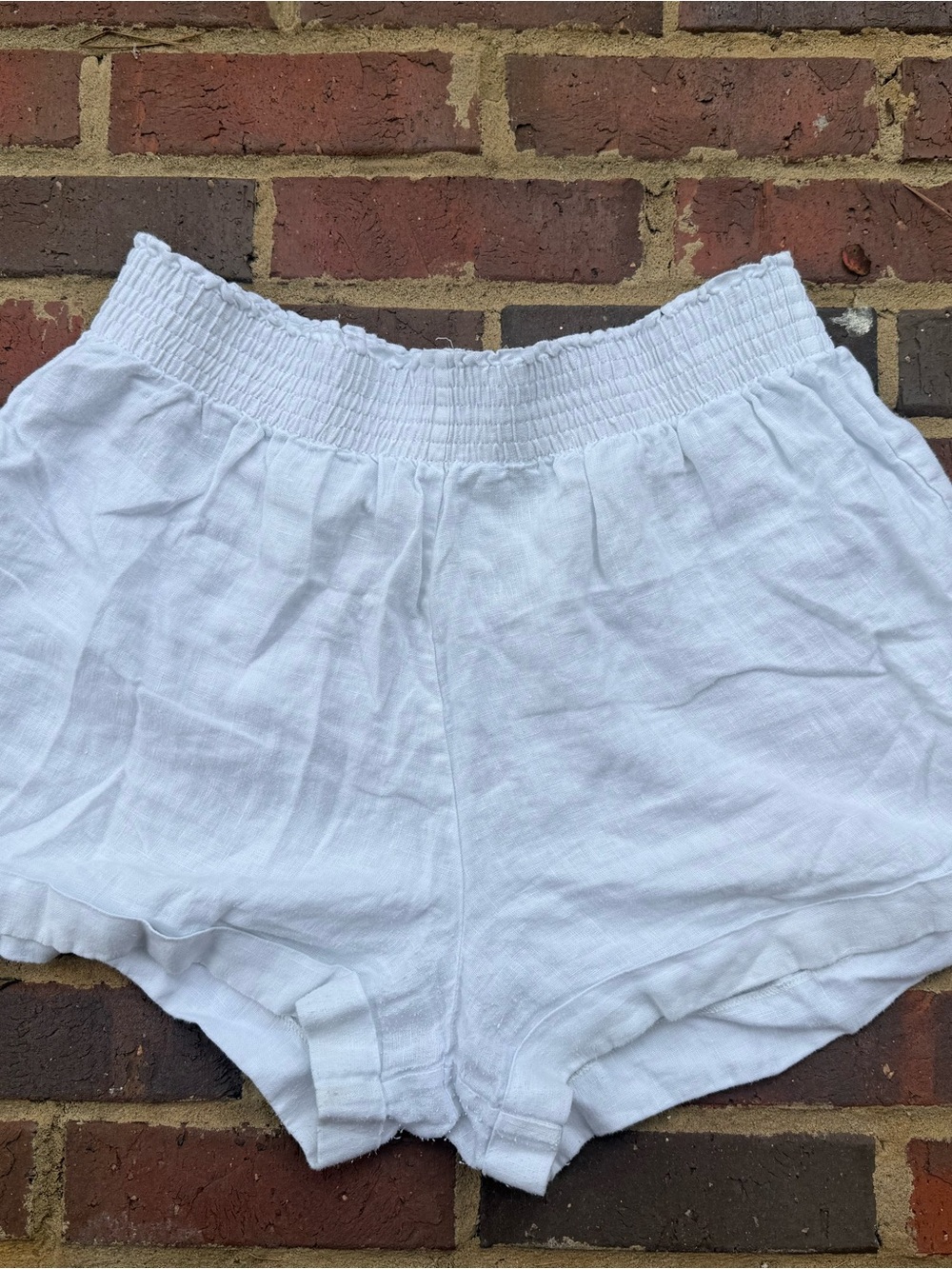 Reformation White Smocked Waist Linen Shorts
